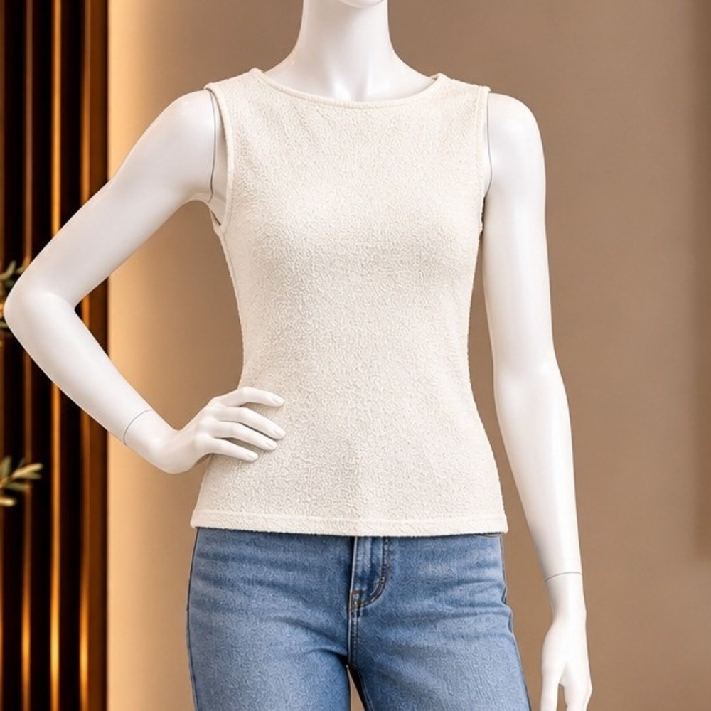 Uniqlo Womens Sleeveless Top Textured Popcorn Fabric Cream Small